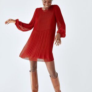 Wilfred Aritzia Daydreamer Mini Dress Pleated Red Long Sleeve Crewneck Keyhole